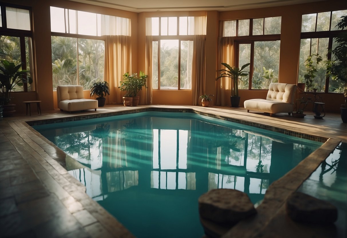 A room filled with various pieces of furniture arranged around a central pool of water