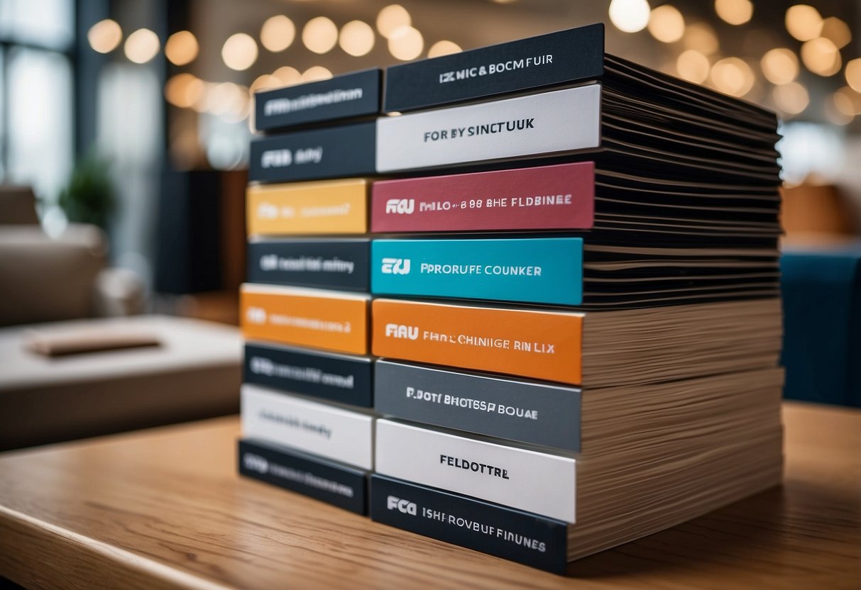 A stack of FAQ cards with ezibuy furniture logos, surrounded by a variety of furniture pieces in a showroom setting
