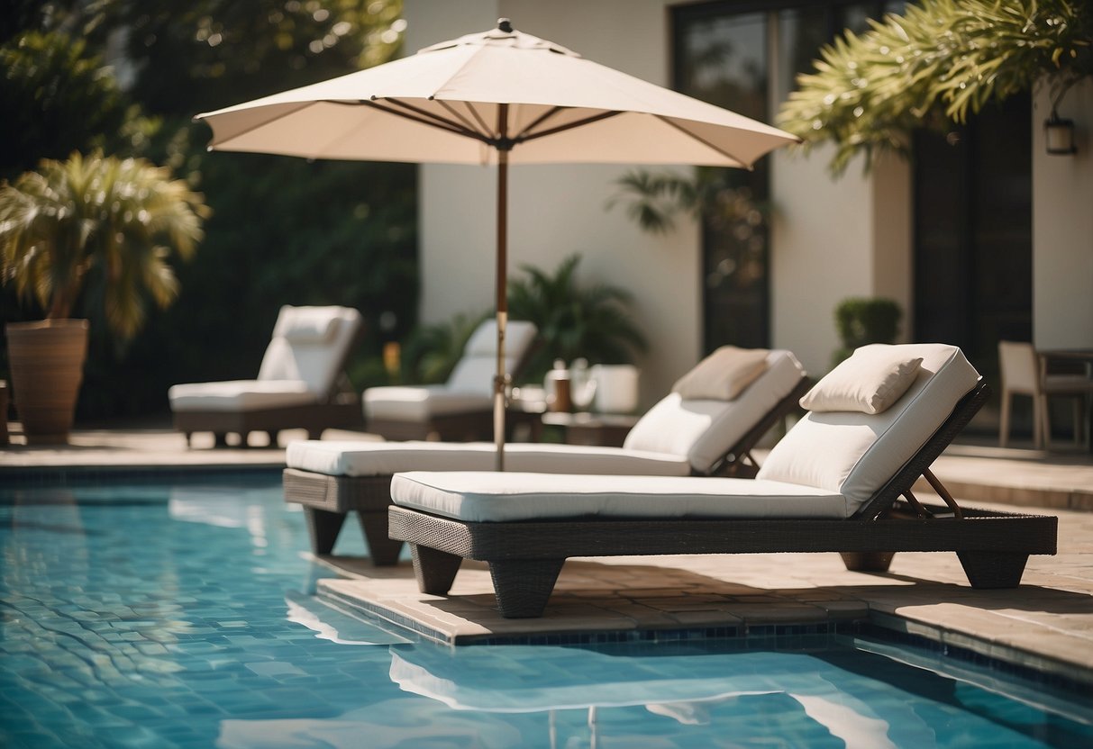 A poolside scene with clean and organized furniture, including lounge chairs, umbrellas, and tables, surrounded by a well-maintained pool area