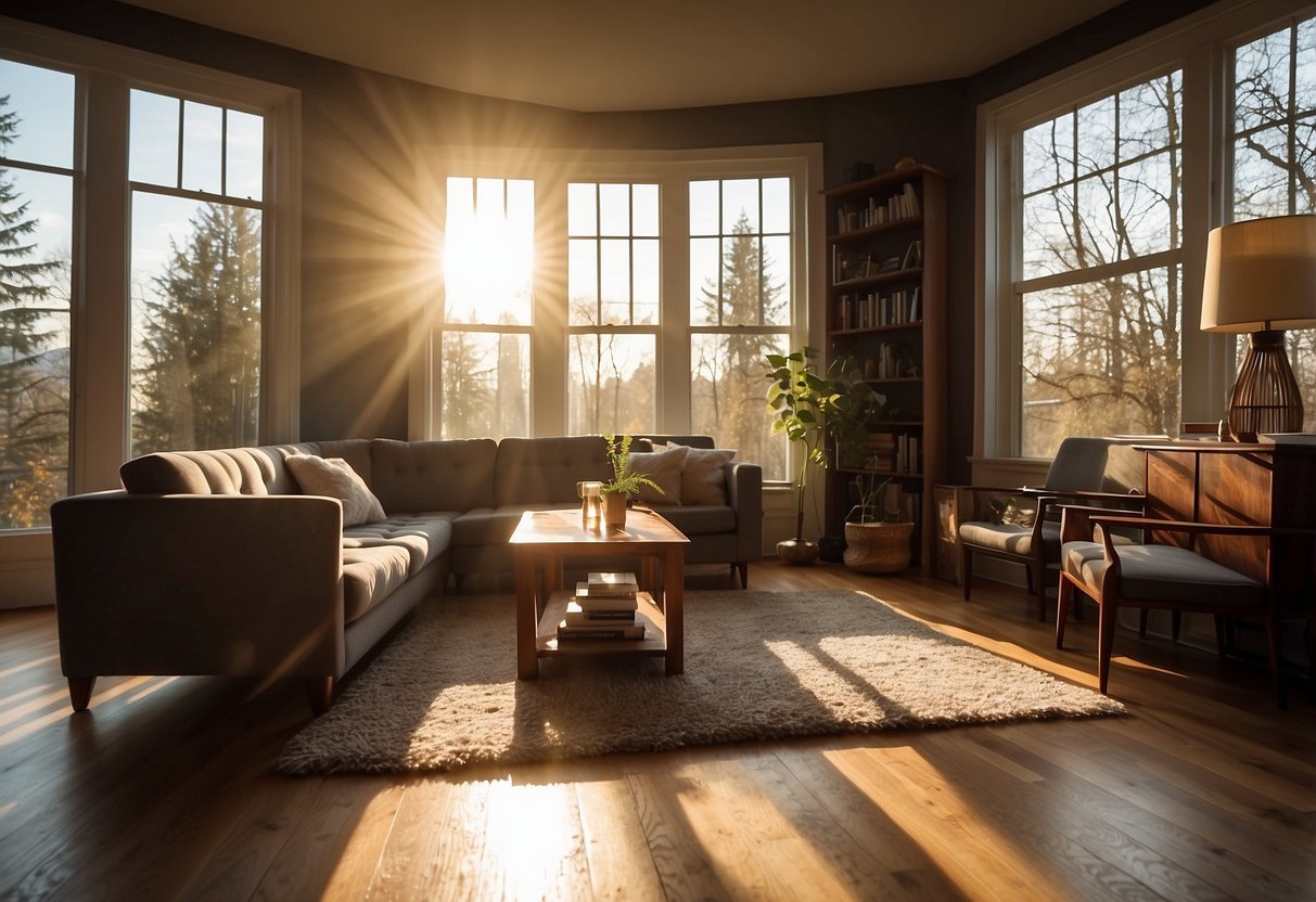 A cozy living room with a plush sofa, coffee table, and bookshelf. Sunlight streams through the window, casting warm shadows on the hardwood floor