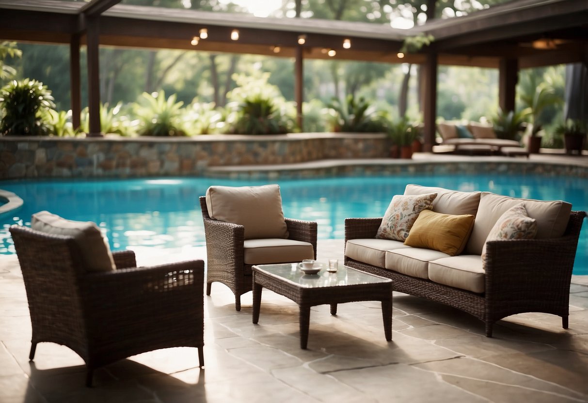 A pool of various furniture items with a "Frequently Asked Questions" sign nearby