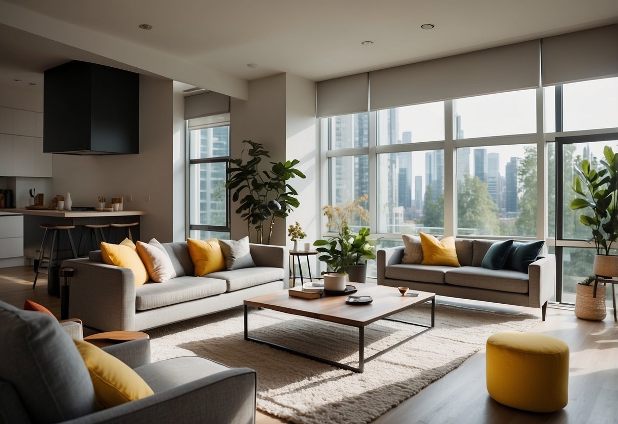 A modern living room with sleek furniture, clean lines, and a pop of color. Bright natural light streams in through large windows, creating a warm and inviting space