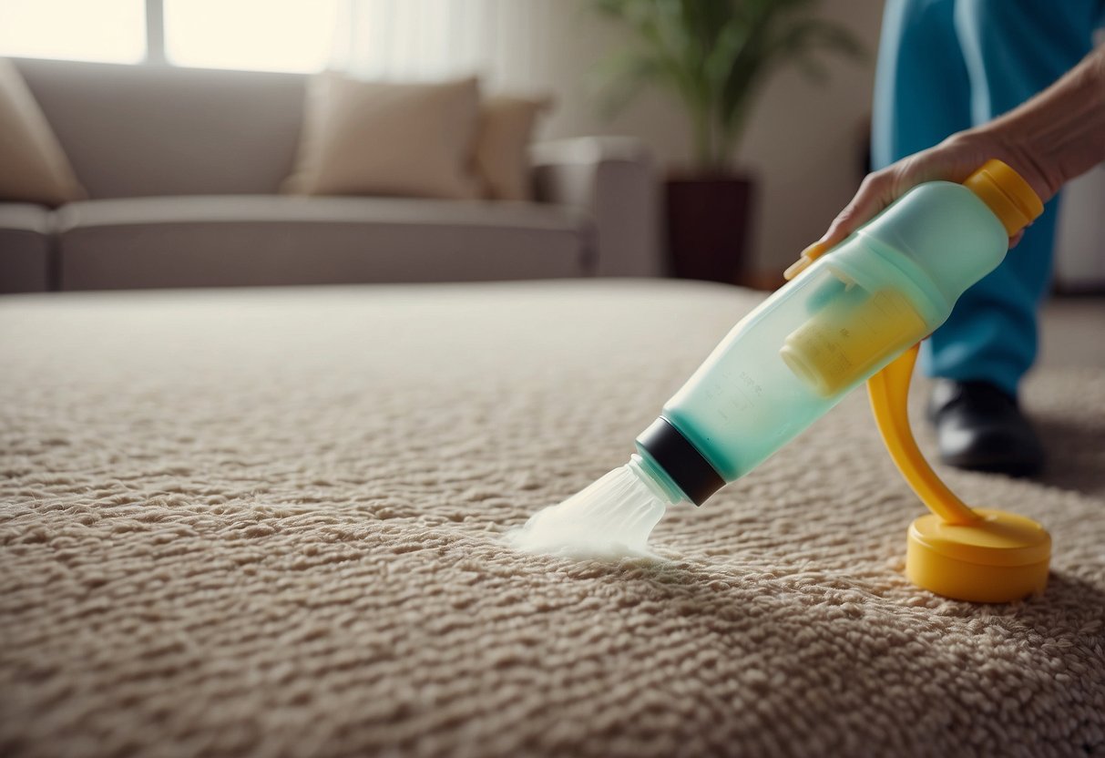 A spray bottle applies flea treatment to a couch, while a vacuum removes debris from the carpet