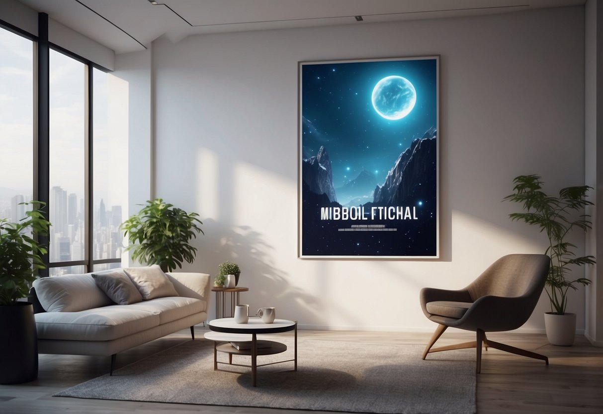 A brightly lit room with minimal furniture, featuring a large poster prominently displayed on a wall for maximum visibility