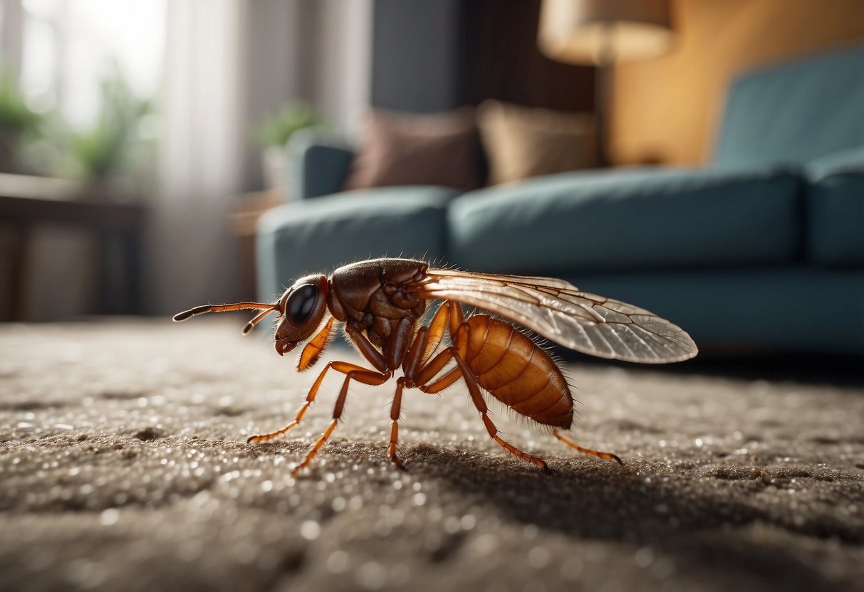 Fleas infest a cozy living room, hiding in furniture crevices. A treatment spray is applied, killing the pests and leaving a clean, safe environment
