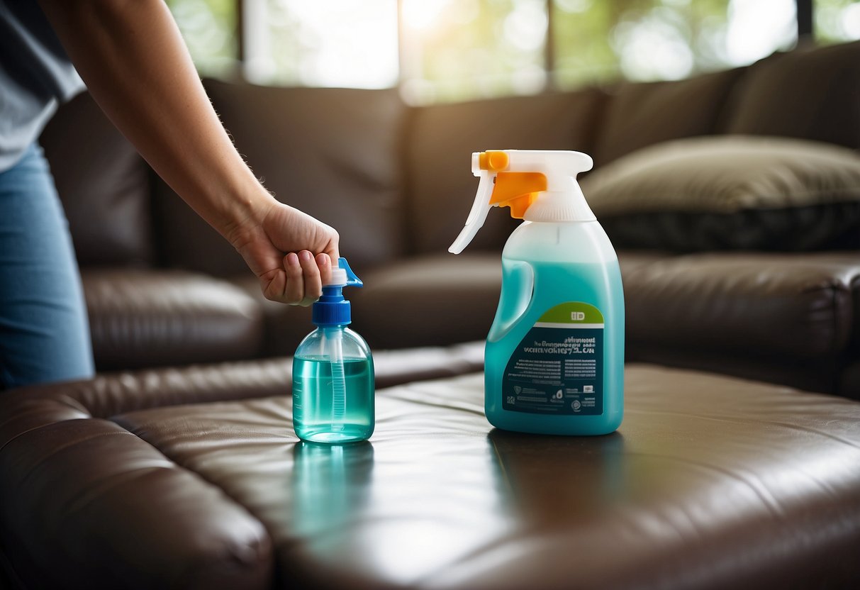 A hand holding a spray bottle applies flea treatment to a couch, while a vacuum sits nearby