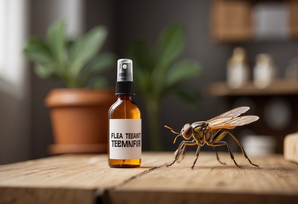 A spray bottle labeled "Flea Treatment" sits on a wooden table next to a pile of furniture. A small insect is shown crawling away from the treated area