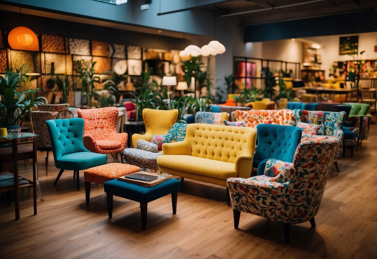 Colorful chairs and tables fill a vibrant room in Singapore's funky furniture store. Bright patterns and unique designs create an eclectic atmosphere