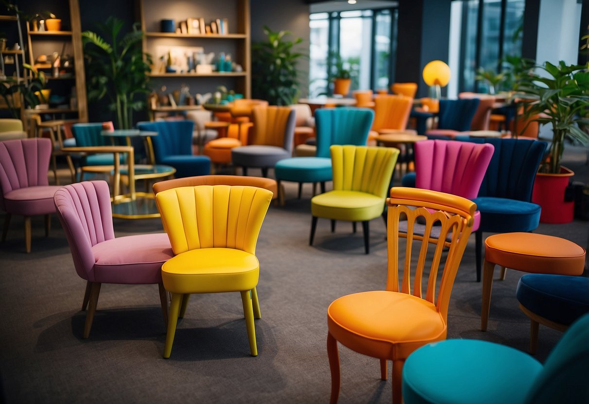 A colorful array of quirky chairs, tables, and shelves fill a vibrant showroom in Singapore, showcasing the city's unique and funky furniture styles