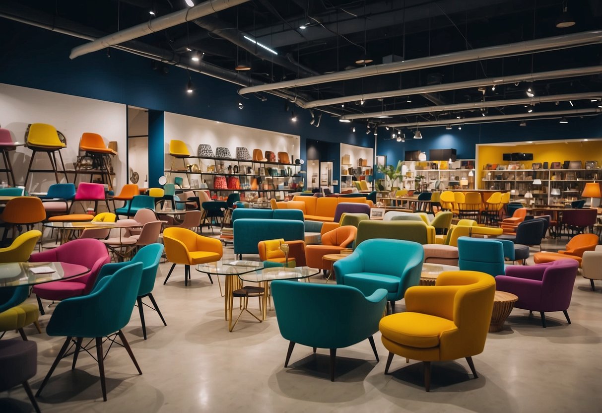 Colorful chairs and tables fill a bustling Singapore furniture store. Customers browse unique designs, from retro to modern, while the vibrant decor adds to the funky atmosphere