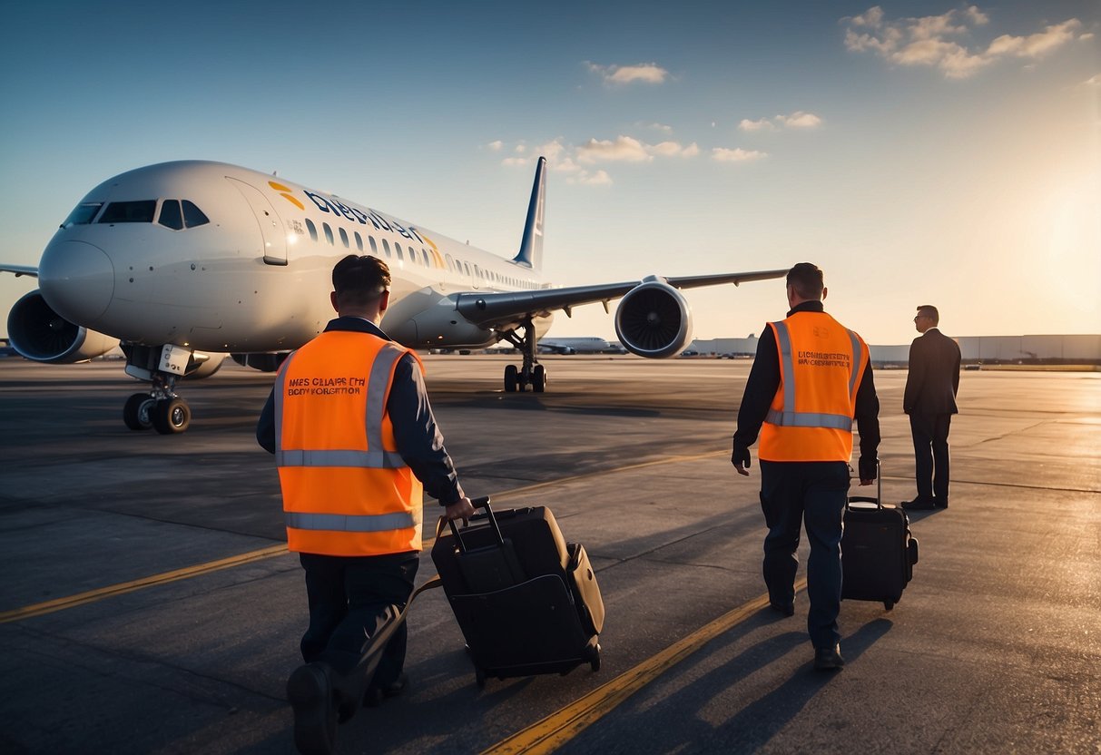 Ground handling equipment moves luggage and fuel to aircraft efficiently, while safety personnel monitor operations