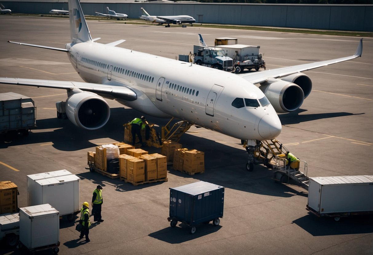 Aircraft parked on tarmac. Ground crew refuels, loads cargo, and performs maintenance. Baggage carts and equipment surround the plane