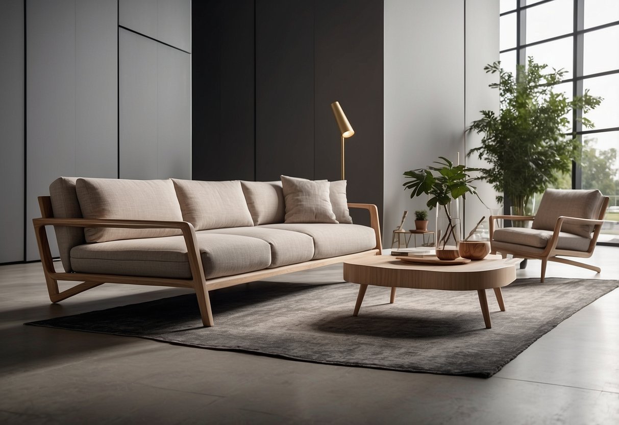 Sleek, modern furniture with clean lines and neutral colors. Minimalist design with natural materials like wood and metal. Innovative shapes and multifunctional pieces