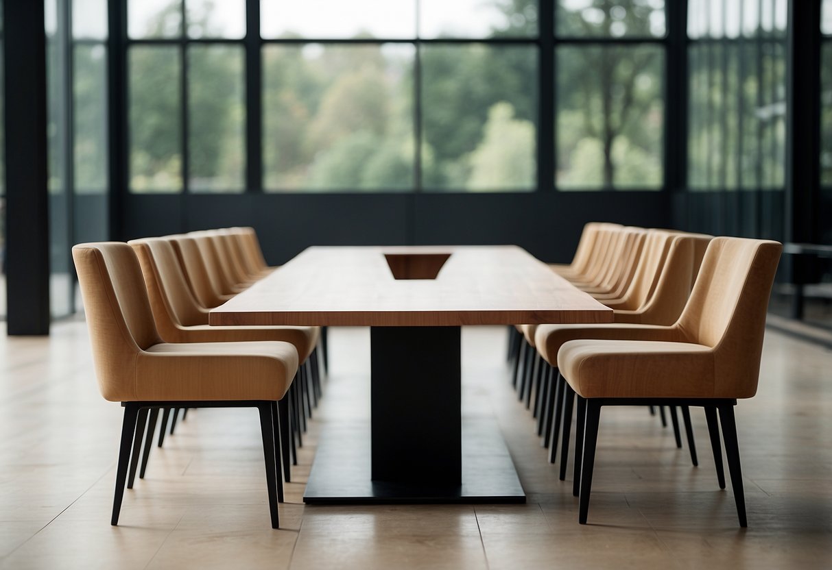 Sleek, minimalist chairs and tables in neutral tones. Geometric shapes and clean lines. Use of natural materials like wood and metal. Incorporation of sustainable and eco-friendly elements