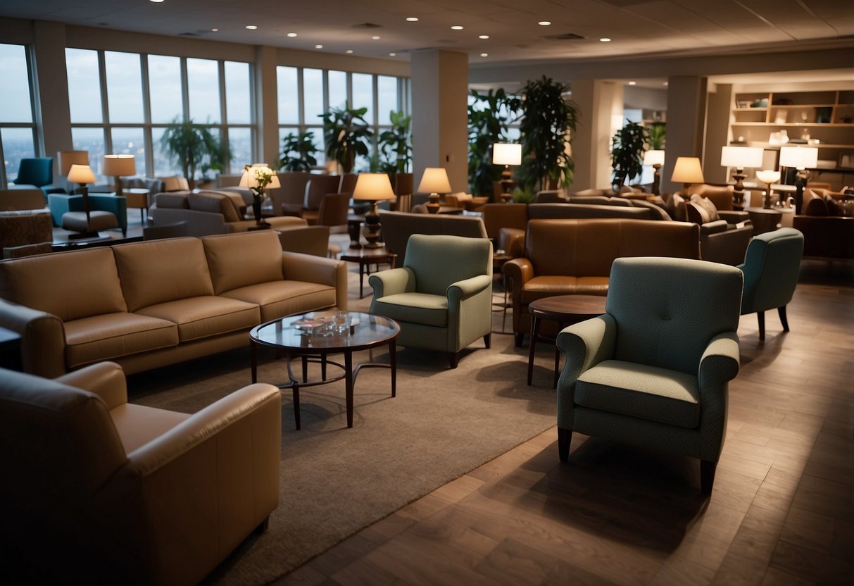 Various furniture items being swapped between two rooms. Chairs, tables, and lamps being moved and rearranged