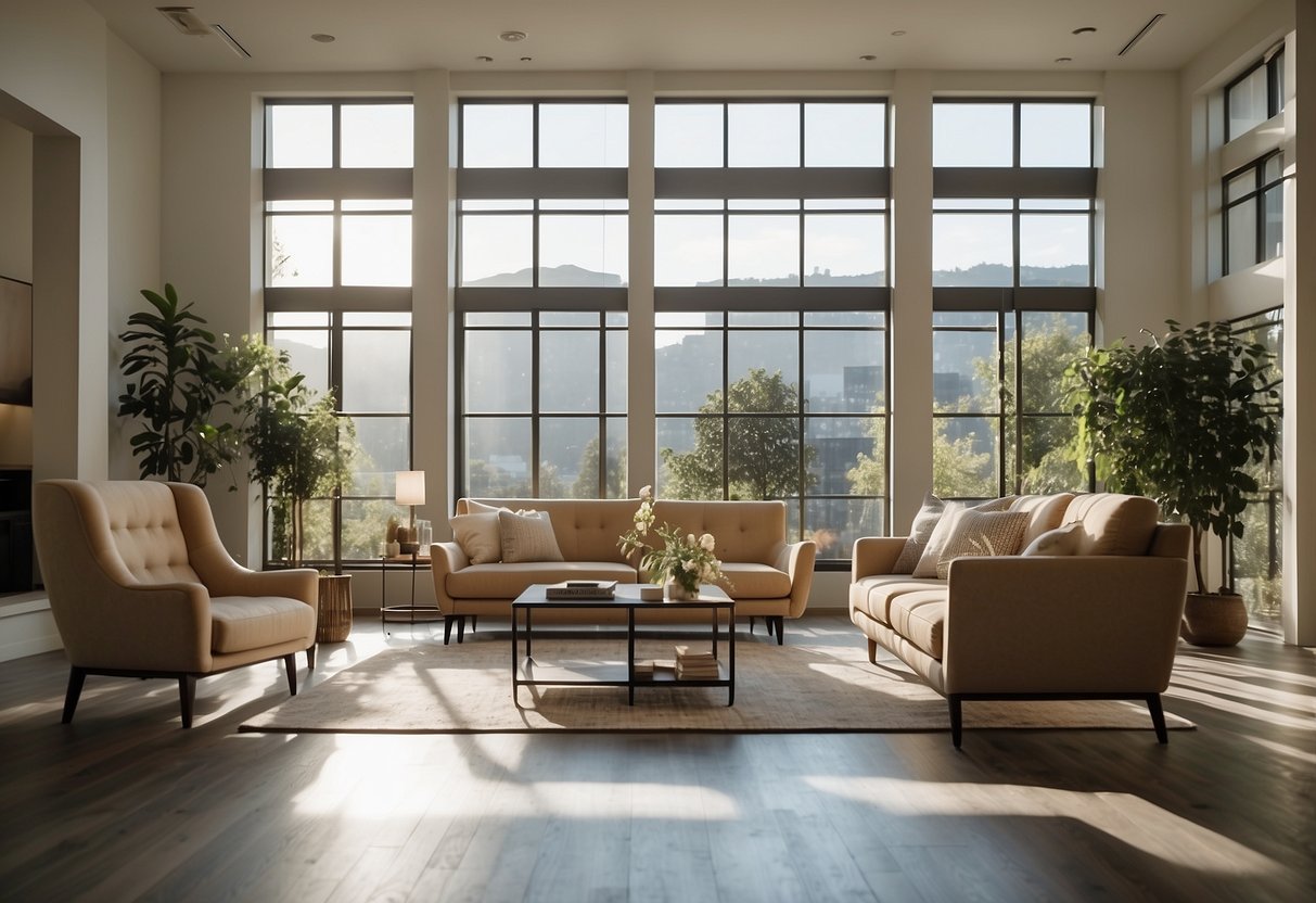 Various furniture pieces are being exchanged between two people in a bright, spacious room with large windows and minimal decor