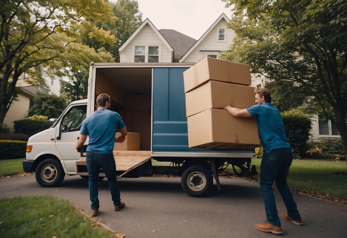 A person moving a sofa into a truck while another person carries a table out of a house. Boxes and furniture are stacked nearby