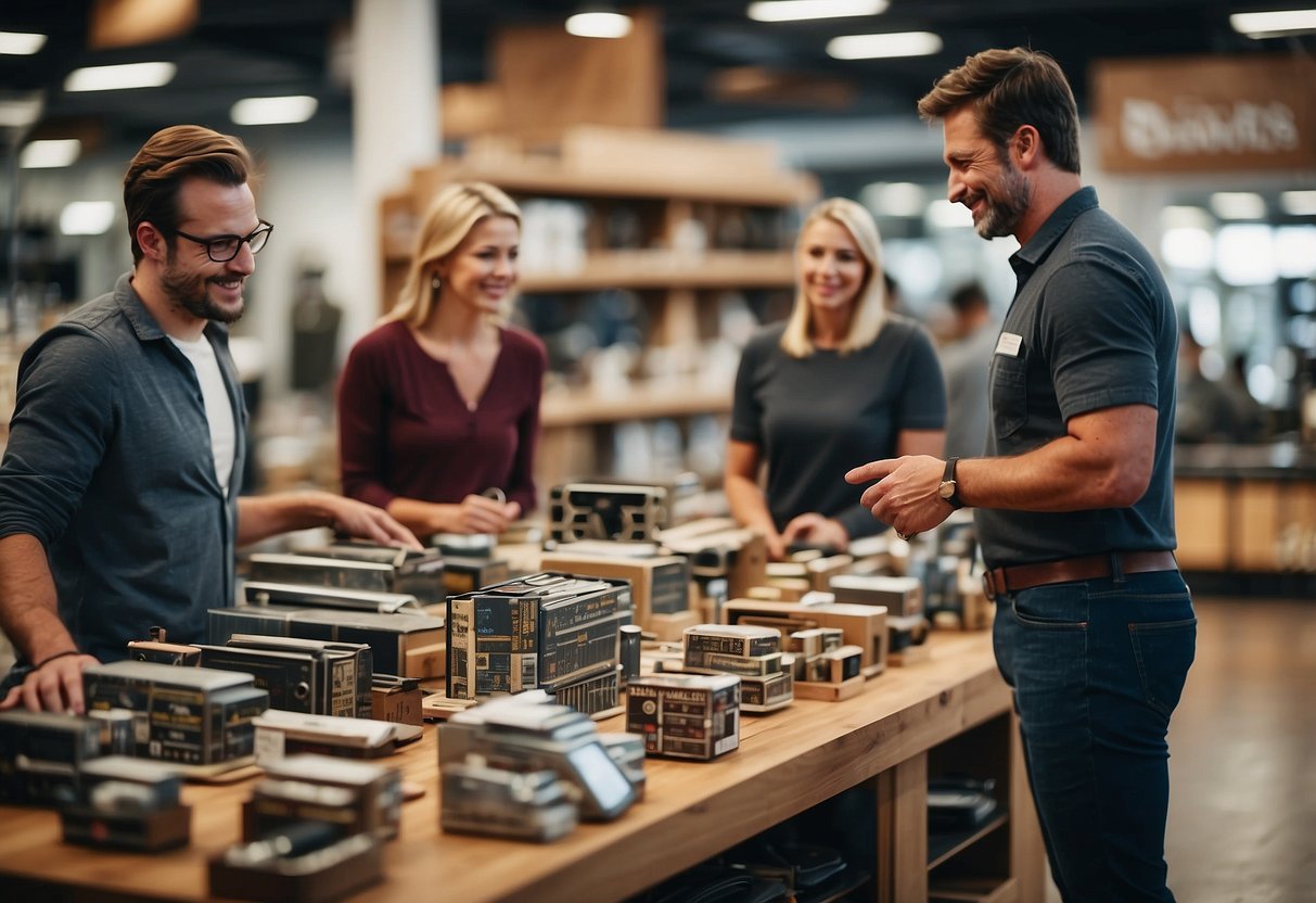 Customers browse furniture, staff assist, signs display FAQs