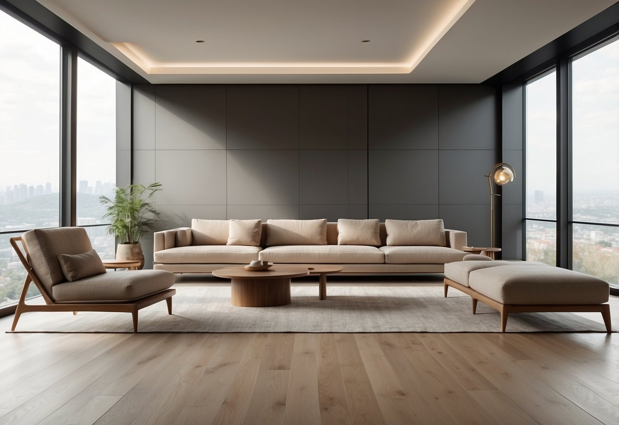 Sleek, minimalist furniture pieces in neutral tones, with clean lines and geometric shapes, arranged in a spacious, well-lit room with natural wood flooring and large windows