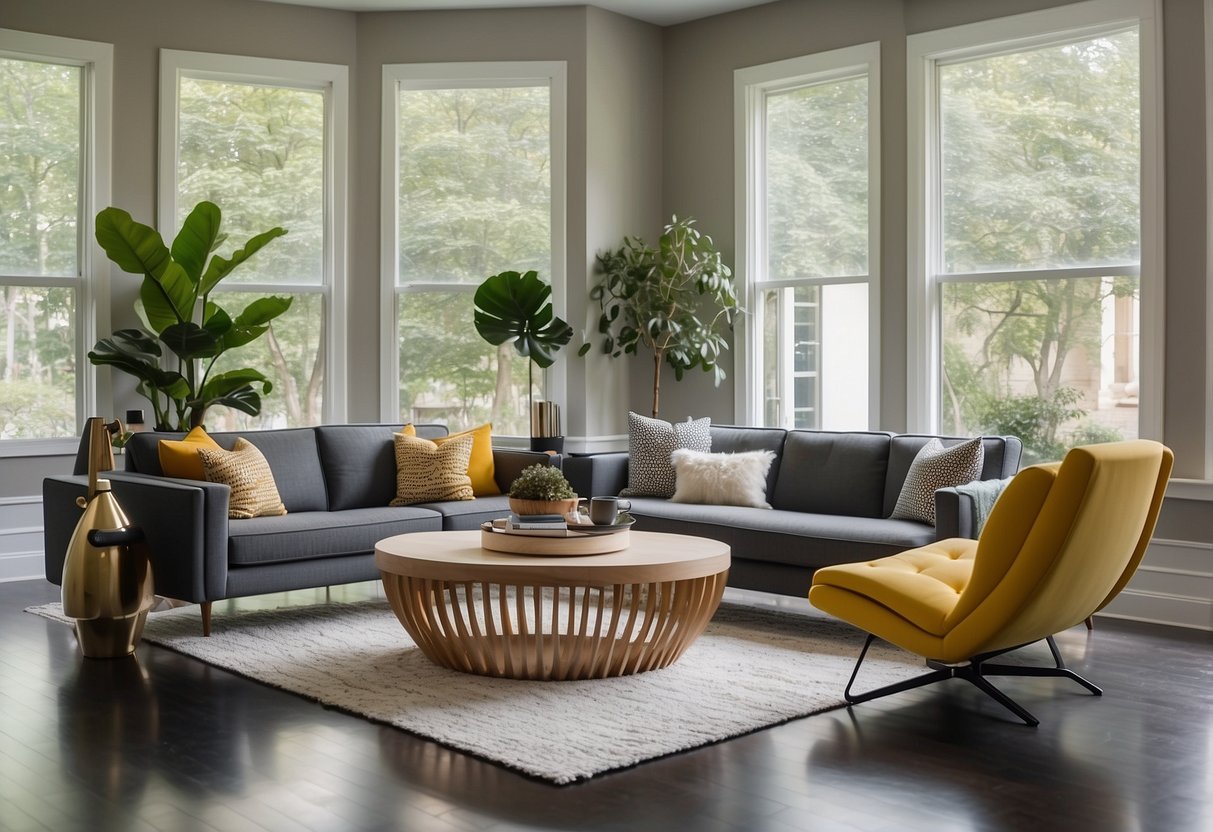 A modern living room with sleek, minimalist furniture and clean lines. A statement piece, such as a unique coffee table or bold accent chair, adds a pop of color and personality to the space