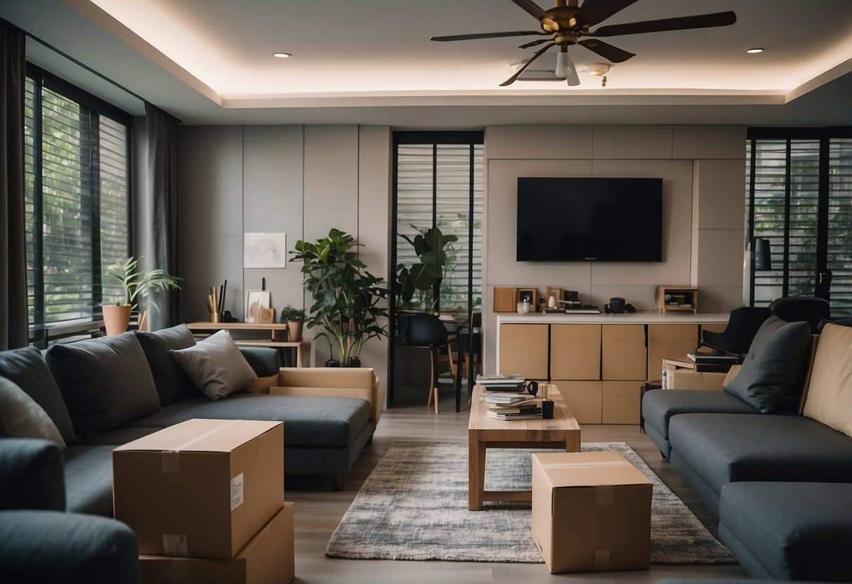 A room with modern furniture being assembled by a delivery team in a Singaporean home