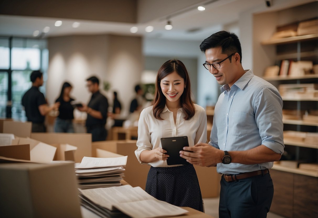 A customer carefully reads through a list of frequently asked questions about furniture installment plans in Singapore, while a helpful salesperson stands ready to assist