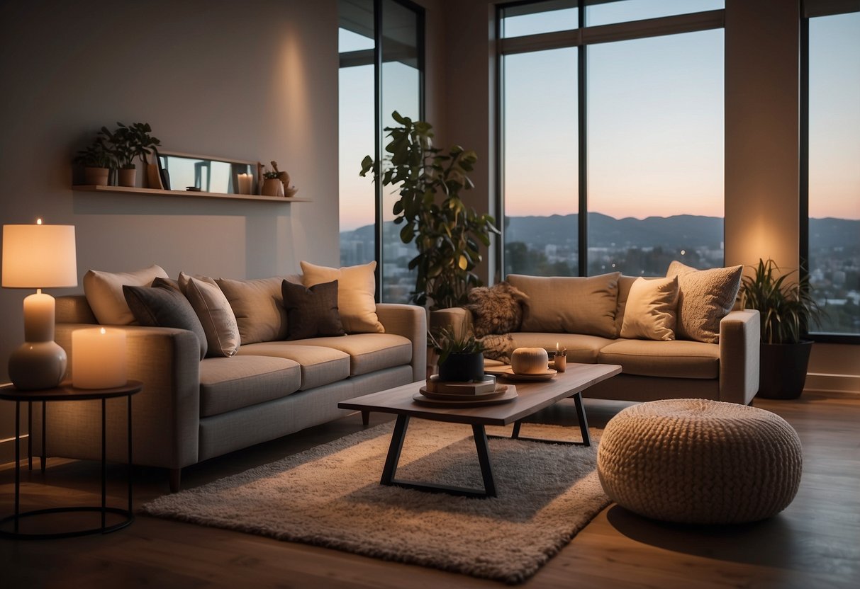 A cozy living room with modern furniture arranged in an inviting manner, with warm lighting and decorative accents to create a welcoming ambiance