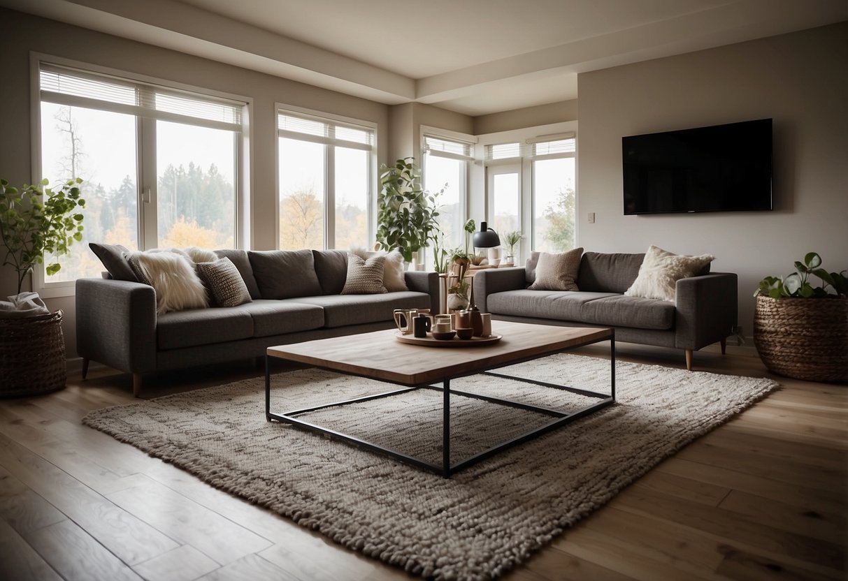 A cozy living room with modern furniture arranged attractively. A large window lets in natural light, highlighting the stylish pieces. A rug and decorative accents complete the inviting atmosphere