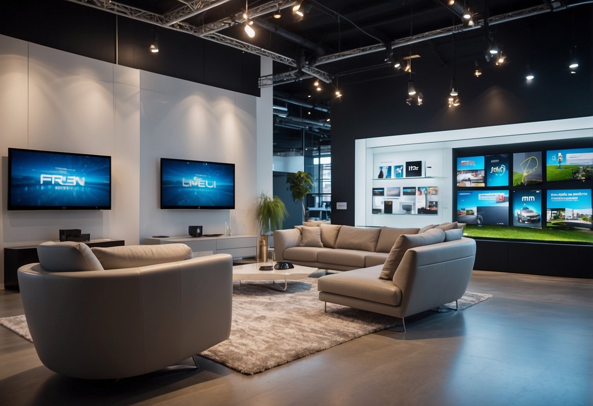 A modern, sleek furniture showroom with interactive touchscreens and virtual reality displays, showcasing innovative social media and technology-driven marketing ideas