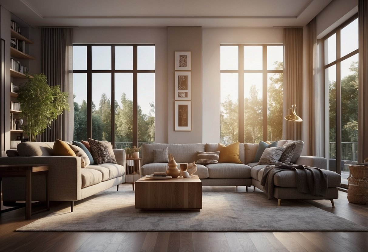 A cozy living room with modern furniture and a large banner displaying "Frequently Asked Questions furniture marketing ideas" in bold letters