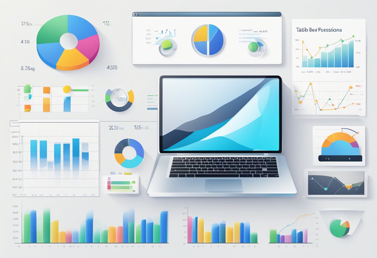 A table with a laptop, apple logo, and various data charts and graphs displayed on the screen