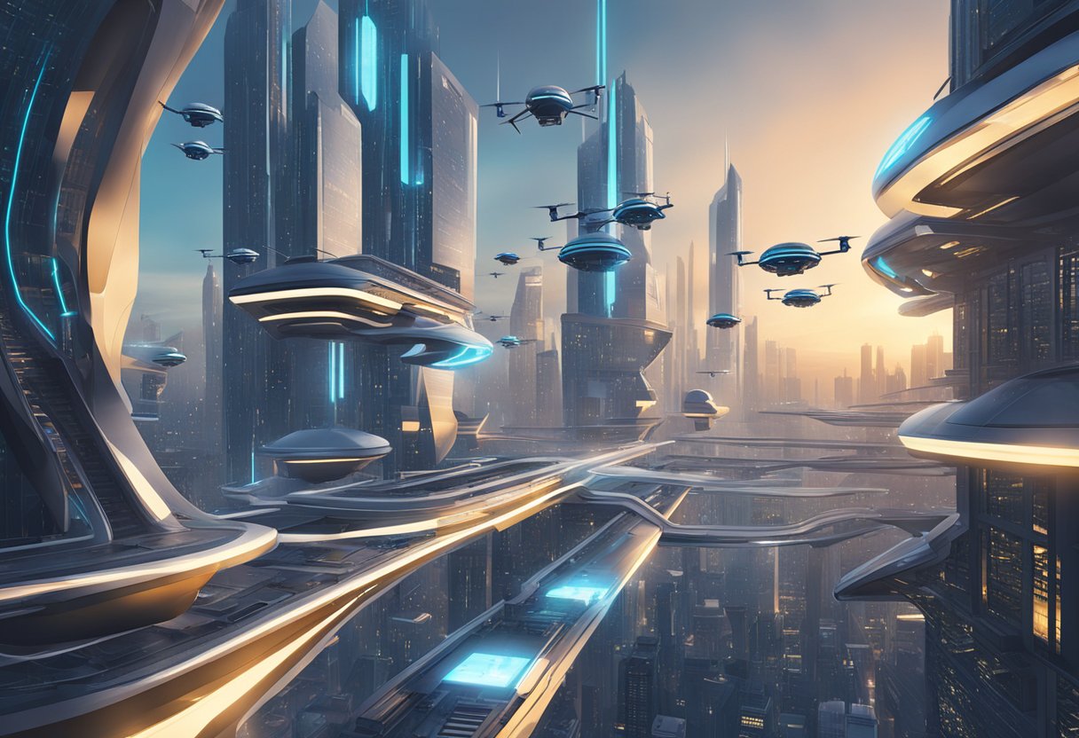 A futuristic cityscape with sleek, interconnected buildings and hovering drones, showcasing advanced technology and artificial intelligence