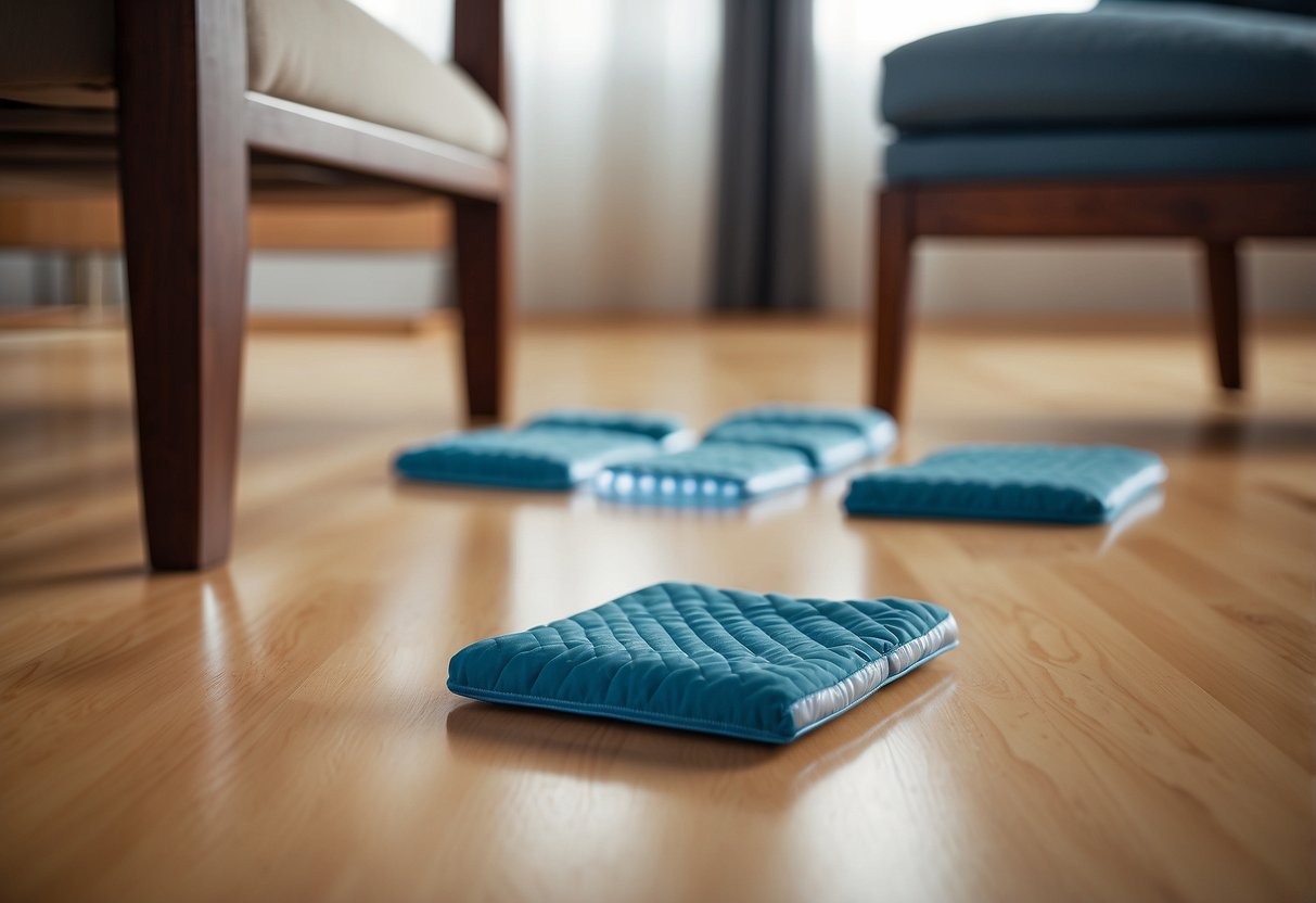 A set of furniture protector pads placed under the legs of a chair, sofa, and table, preventing scratches and damage to the floor