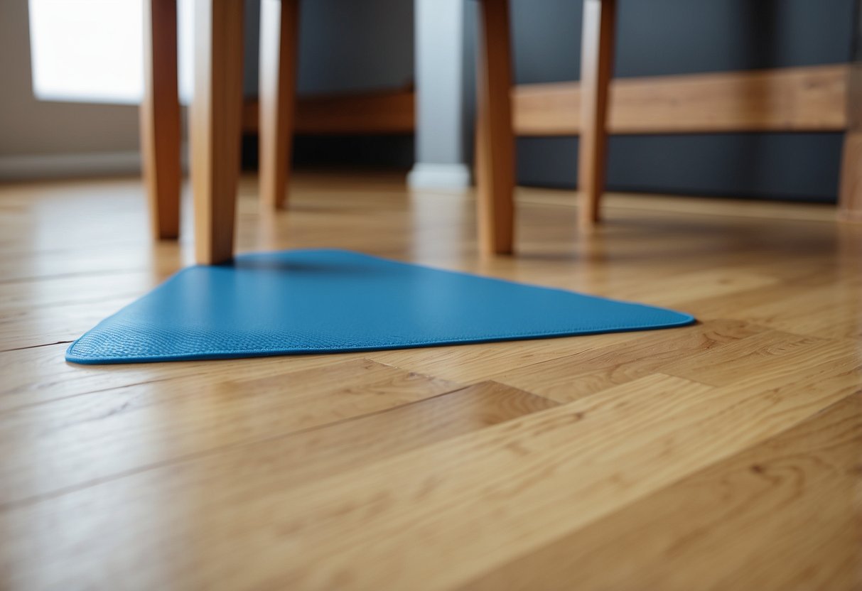 Furniture protector pads placed under table legs and chair feet on hardwood floor
