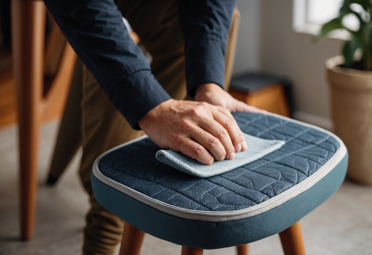 A hand placing a furniture protector pad under a chair leg, ensuring a secure fit. A variety of pads in different sizes and shapes are arranged nearby for selection
