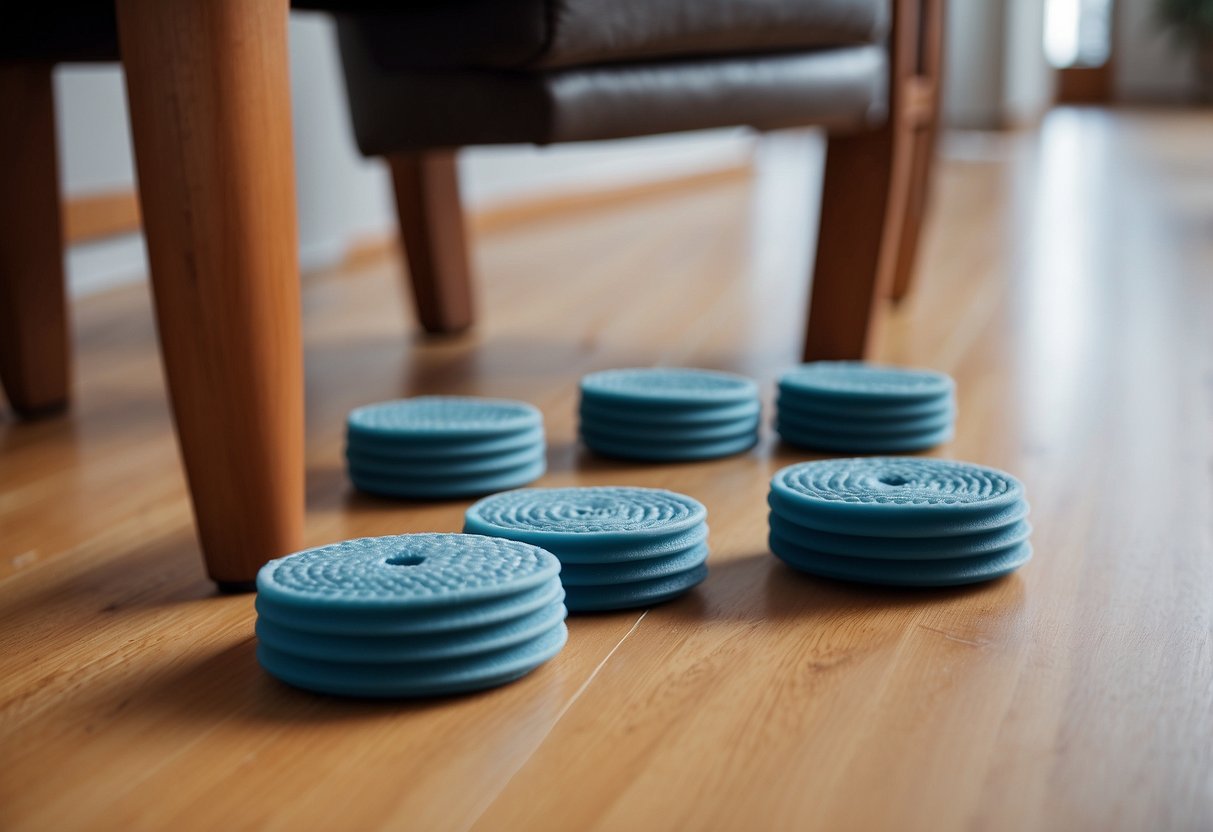 A set of furniture protector pads placed under chair legs, preventing scratches on the floor