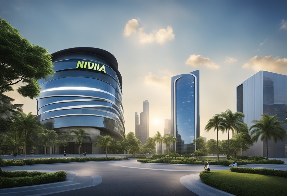 NVIDIA signs deal with Indian companies. Logo displayed alongside Indian giants. Excitement and collaboration evident in the air