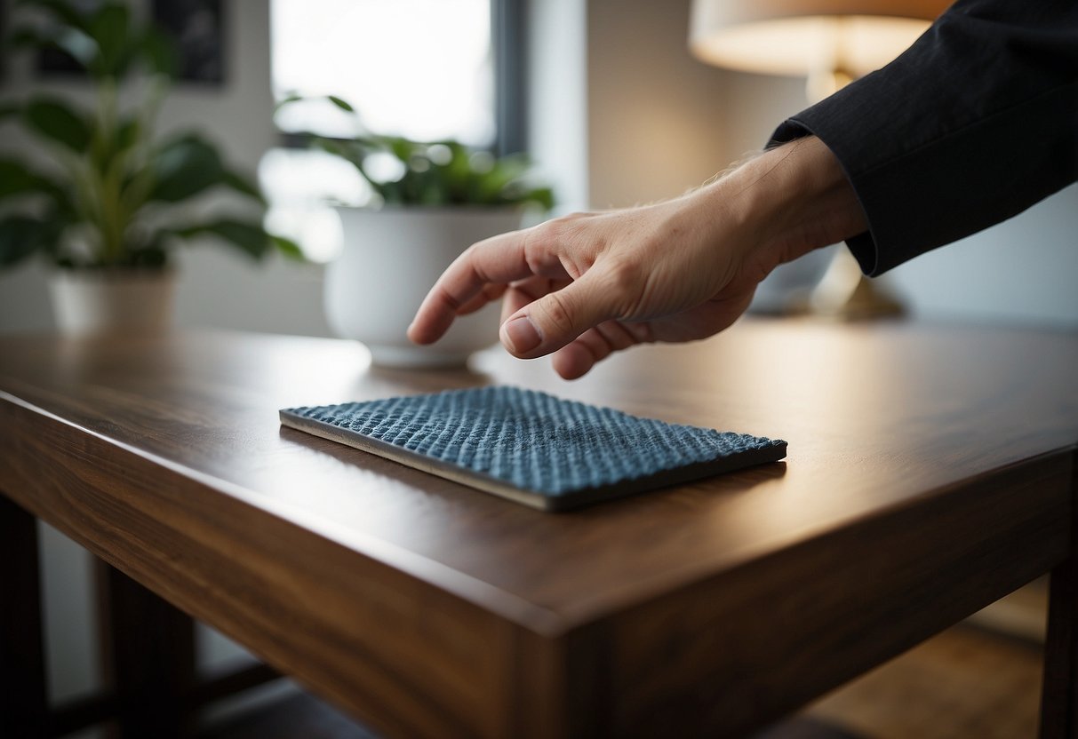 A hand reaches for slip pads, placing them under furniture legs