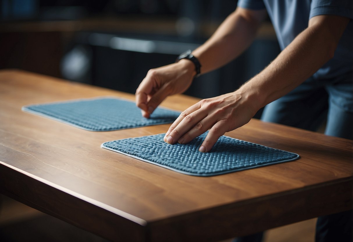 A table with uneven legs. A person placing slip pads under them