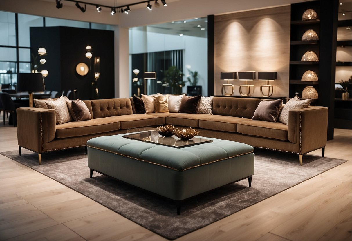 A spacious showroom with modern furniture displays and elegant lighting. Rich textures and luxurious materials create a sophisticated ambiance