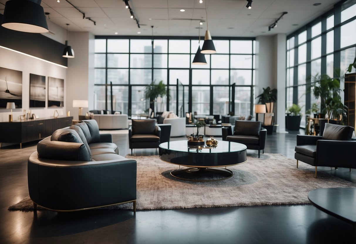 A modern showroom with sleek furniture displays, branded signage, and awards on the walls