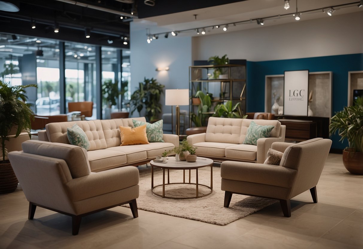 A modern furniture showroom with elegant displays and a sign reading "Frequently Asked Questions glc fine living furniture."