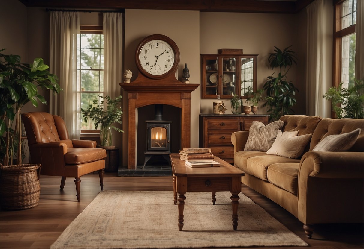 A cozy living room with vintage heritage furniture, including a wooden coffee table, a classic armchair, and a decorative grandfather clock