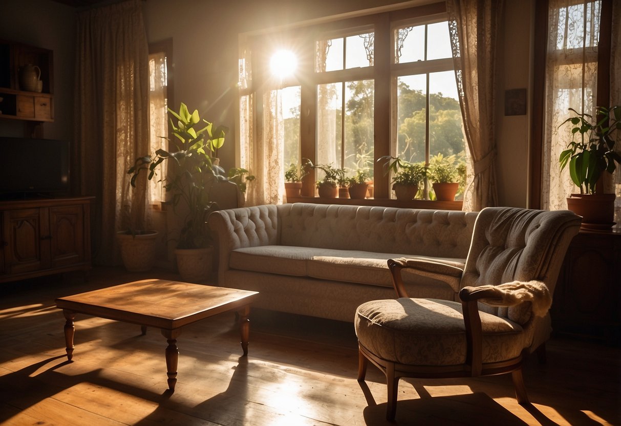 A cozy living room with vintage wooden furniture, including a carved coffee table and a high-back armchair. Sunlight streams in through lace curtains, casting warm shadows on the polished surfaces