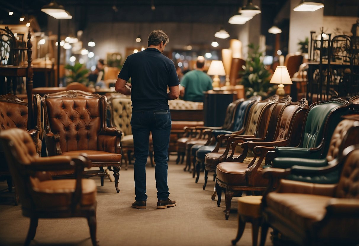 A person carefully selecting antique chairs and tables from a vintage furniture store