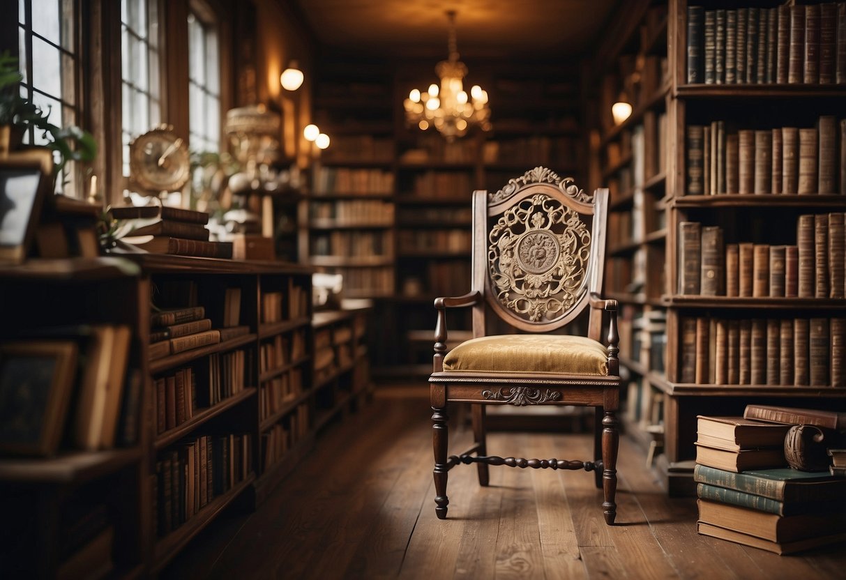 A vintage wooden chair with intricate carvings sits in a well-lit room, surrounded by shelves of old books and antique decor