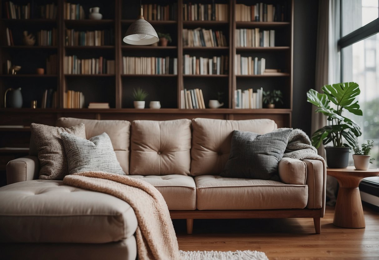 A cozy living room with a plush sofa, coffee table, bookshelves, and a warm, inviting bed with soft bedding and pillows