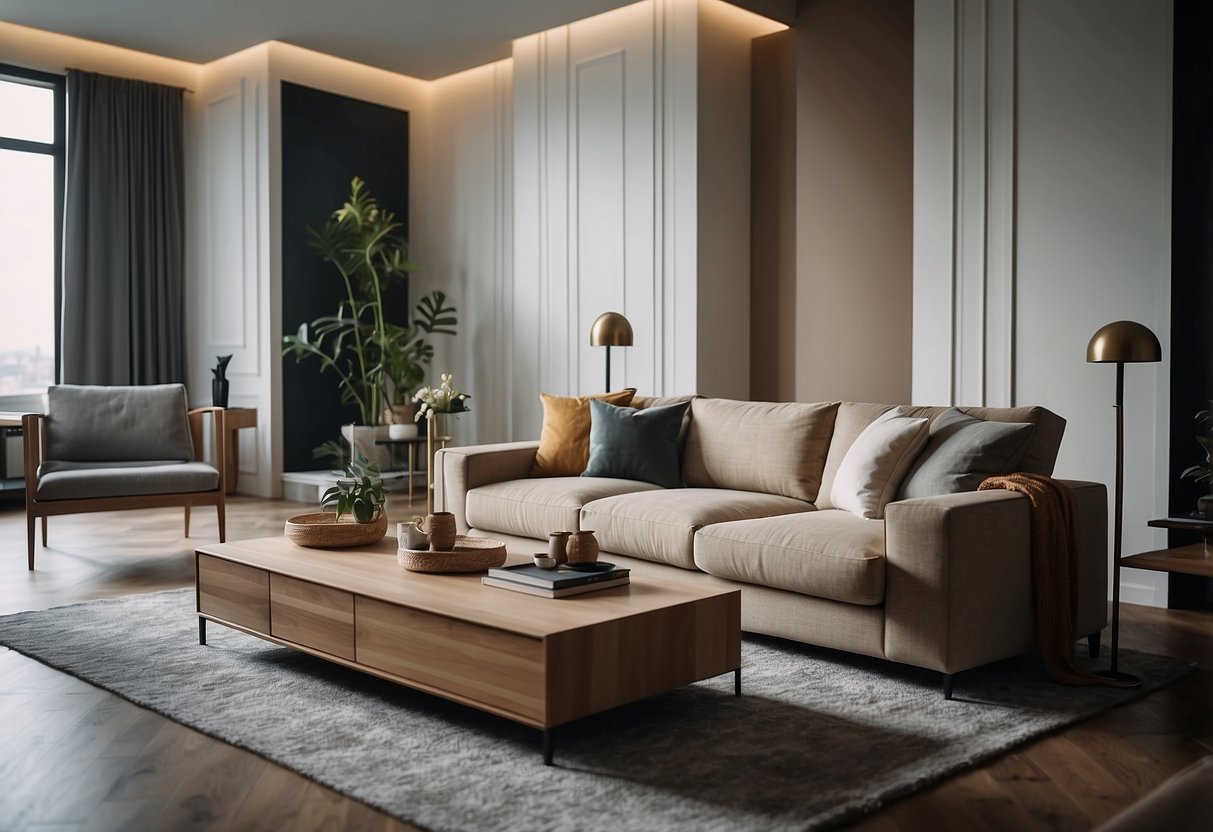 A living room with modern furniture and cozy bedding, showcasing a variety of home furniture collections