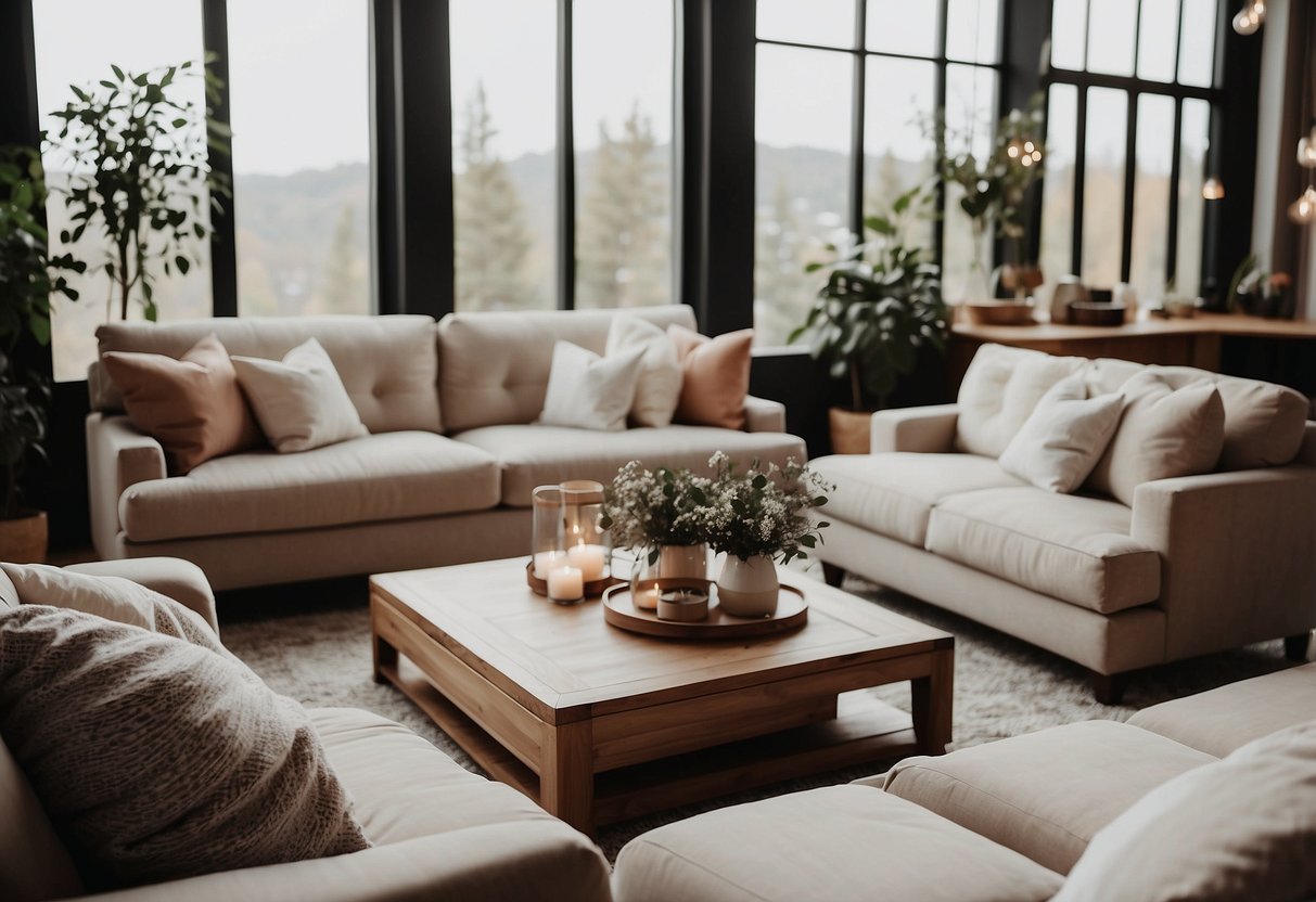 A cozy living room with plush sofas, soft throw blankets, and fluffy pillows. A warm, inviting bedroom with a comfortable mattress, luxurious bedding, and elegant nightstands