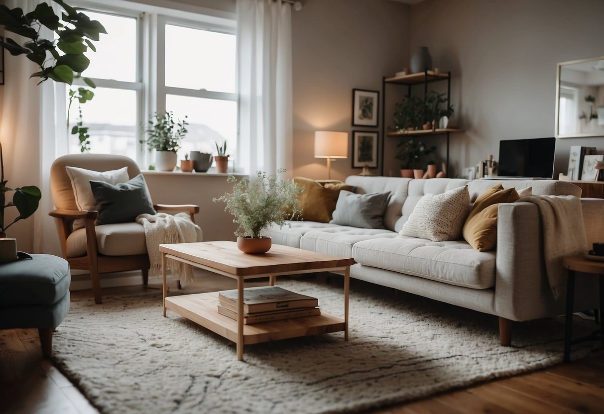 A cozy living room with a comfortable sofa, a stylish coffee table, and a plush rug. A modern bed with soft bedding and decorative pillows. Shelves filled with home decor and a desk with a computer